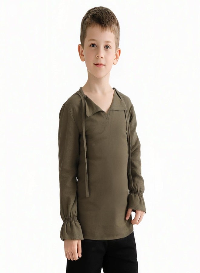 VZQI Boys Girls Medieval Lace-Up Neck Shirt Long Sleeve Renaissance Pirate Top Scottish Jacobite Halloween Costume Tunic Green 4'3''-4'9'' - Image 1